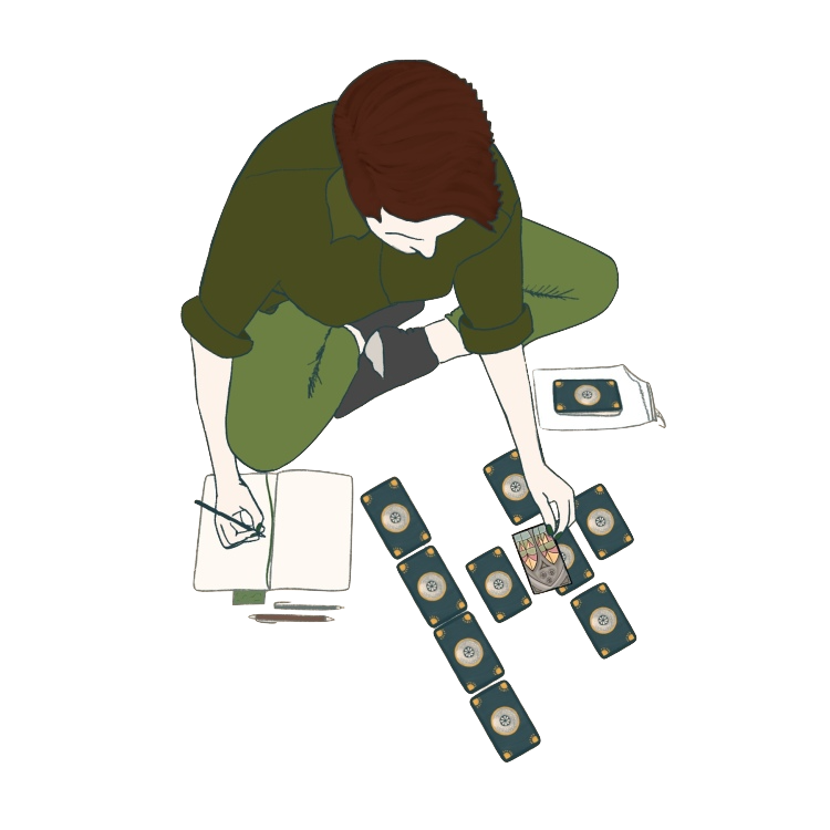 Digital illustration of a person reading tarot cards, they are a white person with brown hair, wearing a green shirt and trousers.